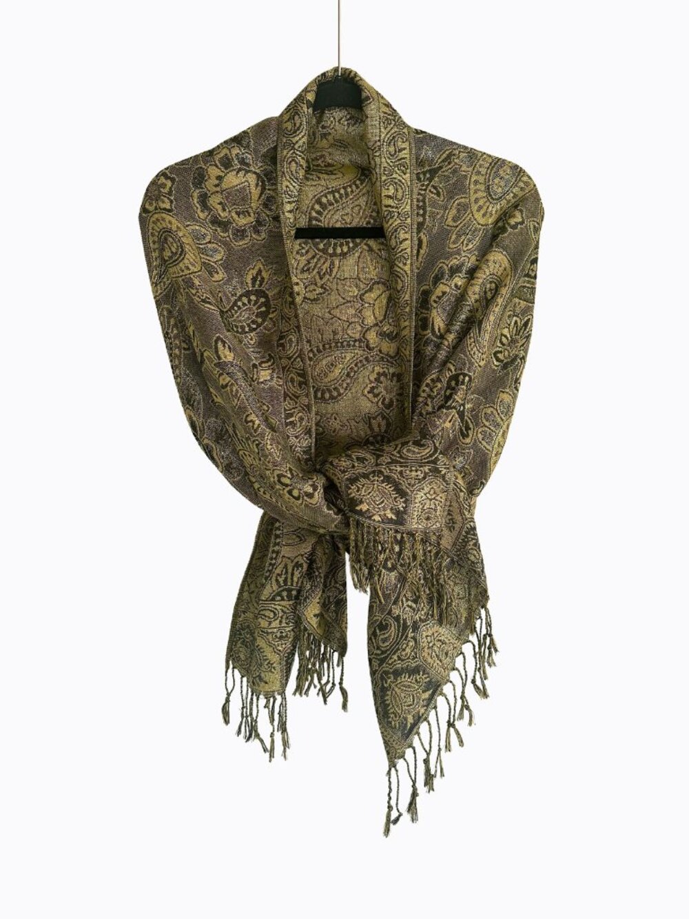 Vtg Paisley Pashmina Scarf Reversible Floral Gold Brown Fringe Shawl Wrap Boho